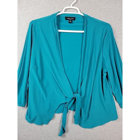 Perceptions Green 3/4 Gathered Sleeve Tie Front Cardigan Women's Plus 2X Stretch - Picture 2 of 13